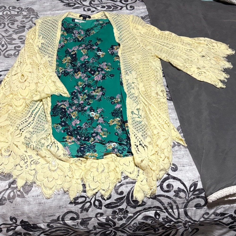 Torrid Yellow Lace Cardigan with Maurices Floral Green Tank